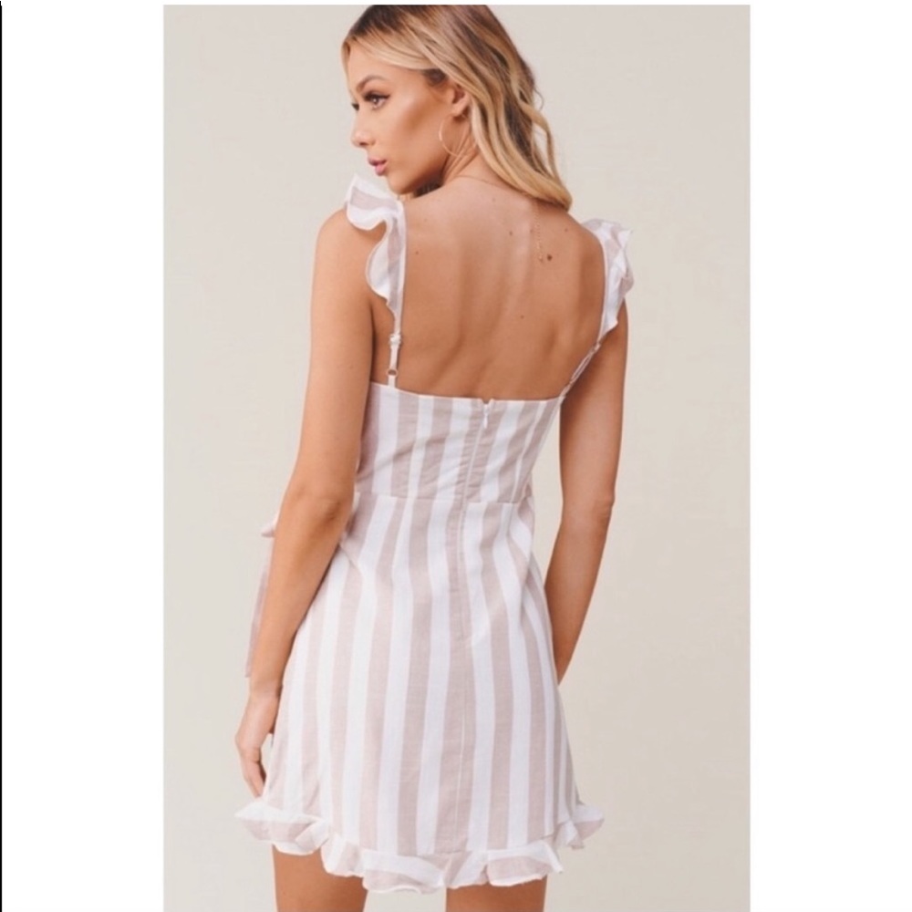 Saints + Secrets Stripes Denim Sweetheart Faux Wrap Dress Blue White Ruffle Mini - Picture 14 of 15